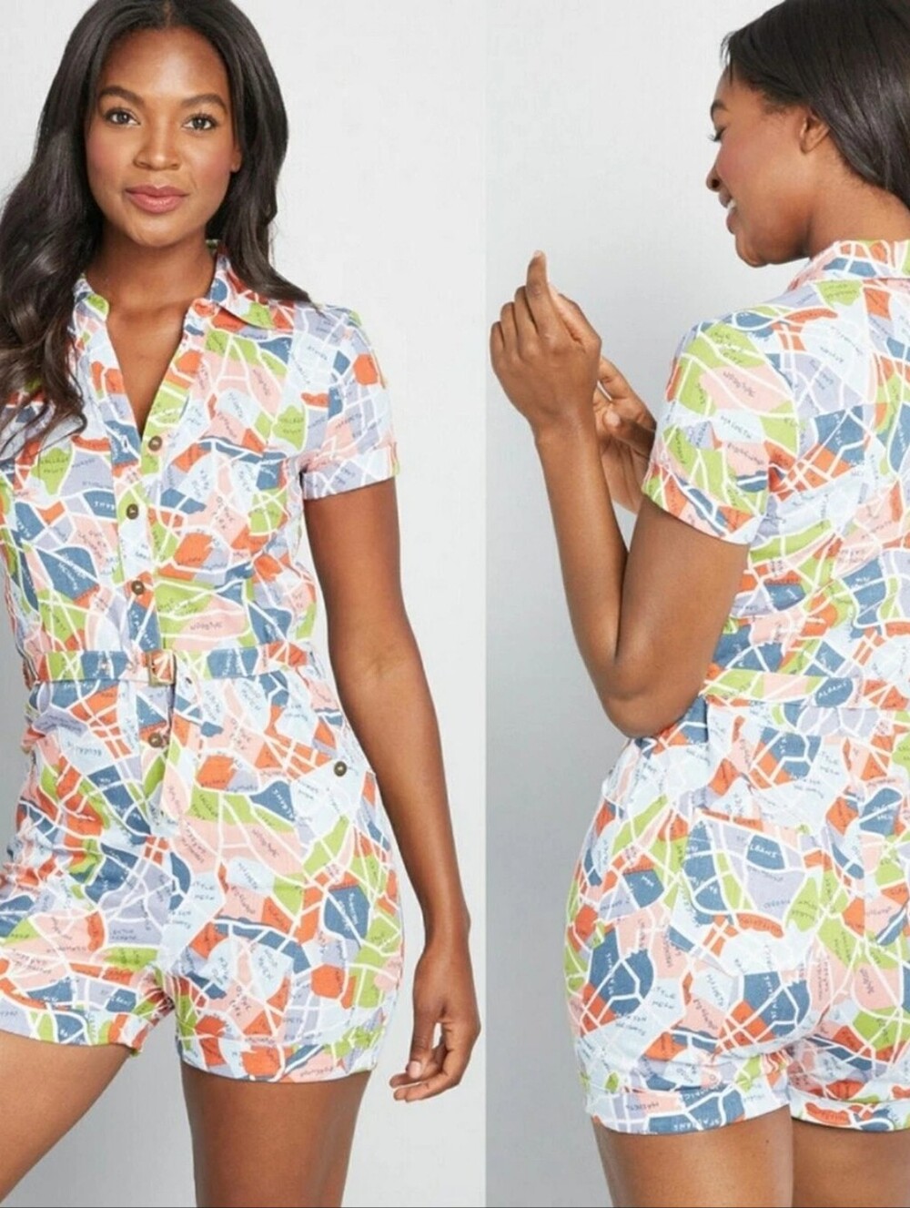 Modcloth Lighthearted Cartographer Linen Blend Button Front Romper Map of Queens
